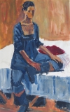 Frau auf Bettkante
