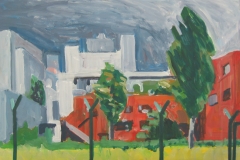 Zweckbauten bei aufziehendem Unwetter, 60 cm x 40 cm, Acryl auf naturweißem Zeichenkarton