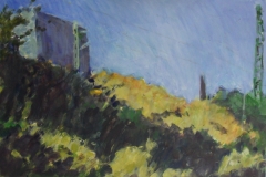 Kraftwerk über Ginster, 61 cm x 40 cm, Acryl auf weißem Zeichenkarton