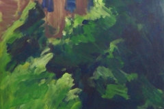 Haus hinter Büschen und Bäumen, 42 cm x 57 cm, Acryl auf braunem Packpapier