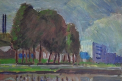 Industriebrache nach Wolkenbruch, 59 cm x 43 cm, Acryl auf naturweißem Zeichenkarton