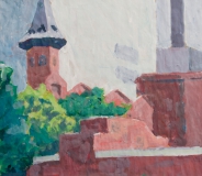 Tuermchen an der Turbinenhalle, Alte Elektrizitätswerke Moabit. Acryl auf braunem Packpapier (40 x 35 qcm)